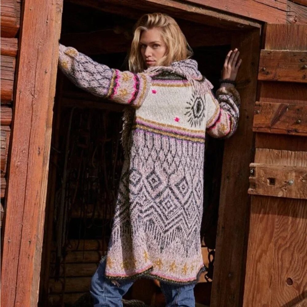 RARE Pilcro Anthropologie Evil Eye Fringe Cardigan Sweater Like New